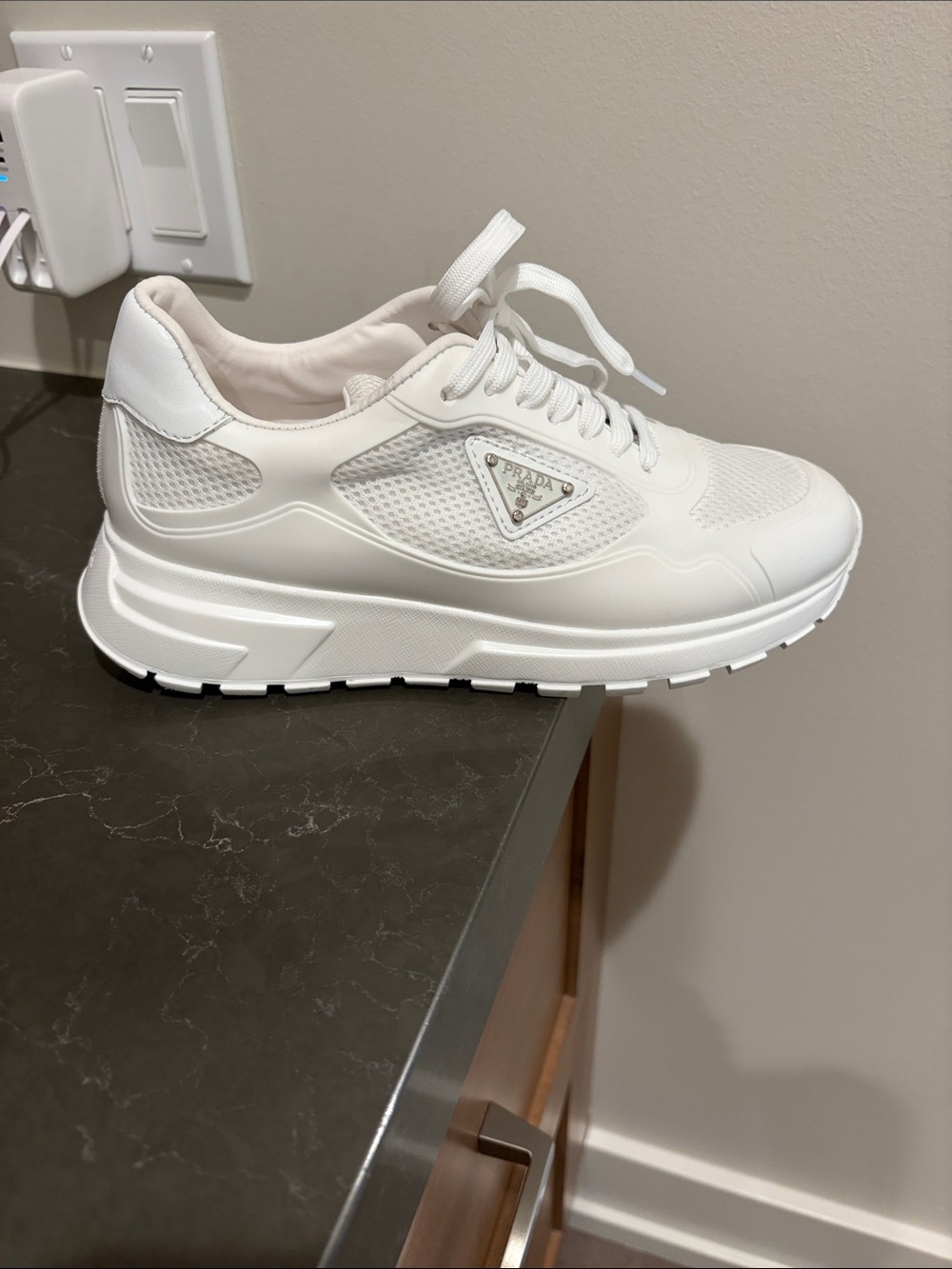 Prada White Mesh & Leather Platform Sneakers - Picture 5 of 6